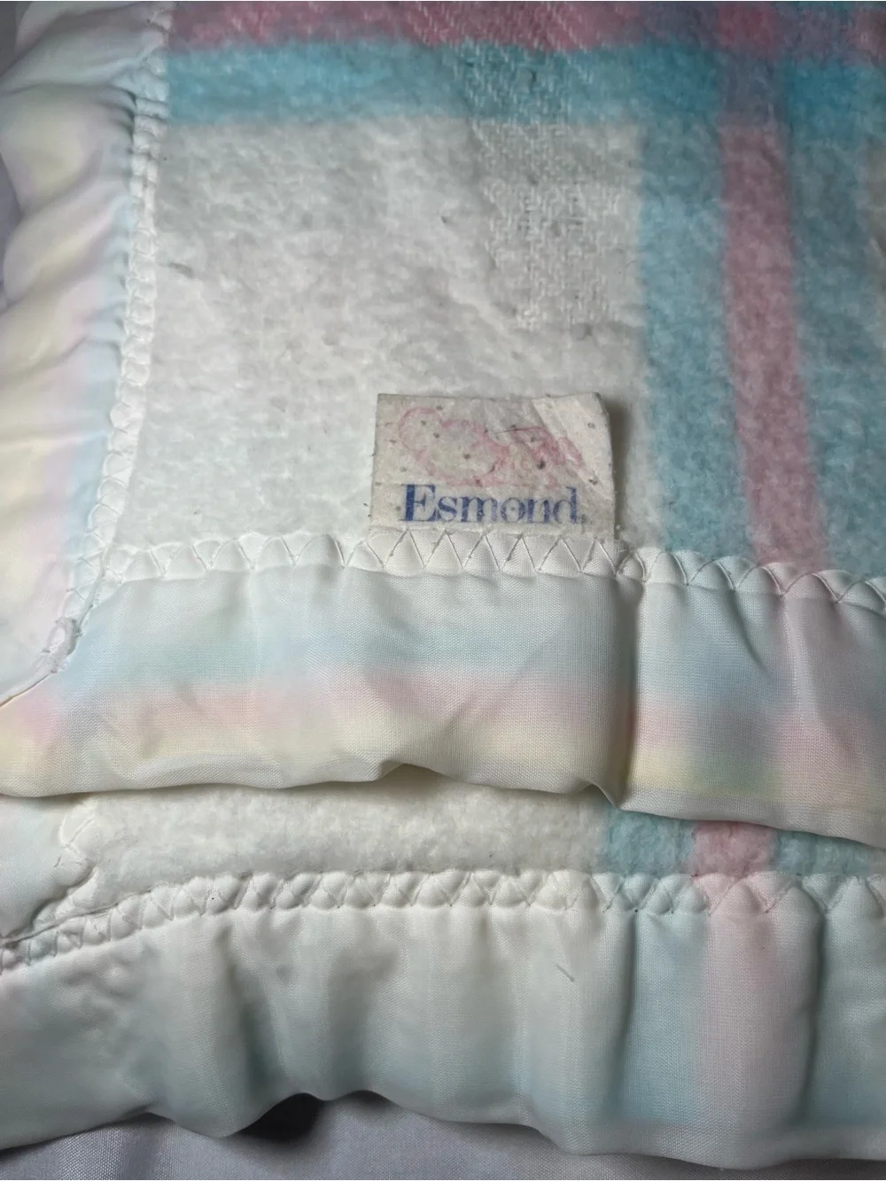 Vintage Esmond Baby Blanket Acrylic Pastel Plaid Nylon Trim 31x44